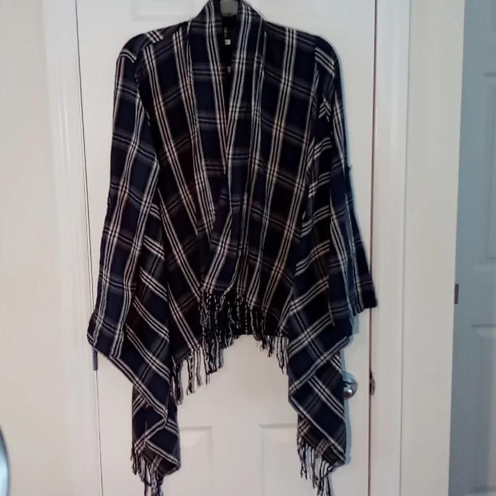 Anthropologie En Crème Fringed Open Cardigan Long Roll Tab Sleeve Med Navy/Cream - Picture 1 of 11